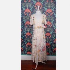 Reba Lacey Floral Patchwork Lace Maxi Puff Sleeve Embroidered Dress Nwt 14